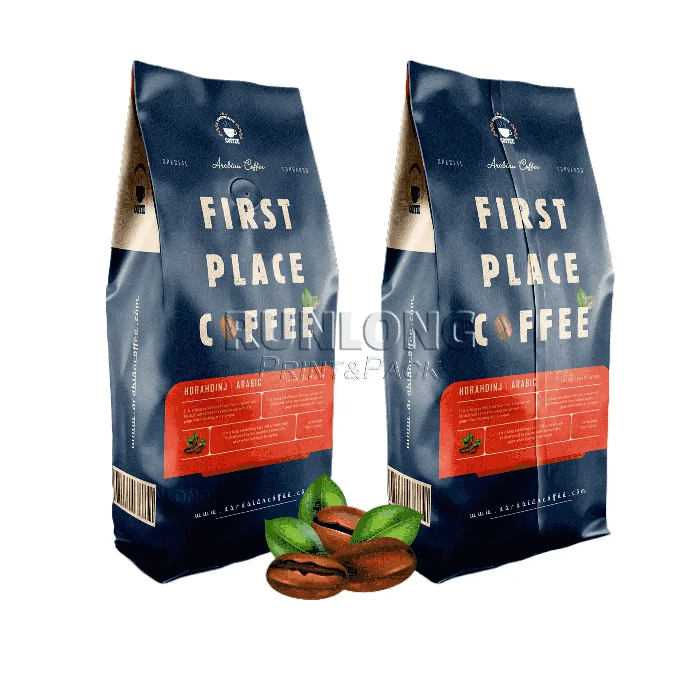 Custom printed coffee bags with resealable zipper and coffee valve