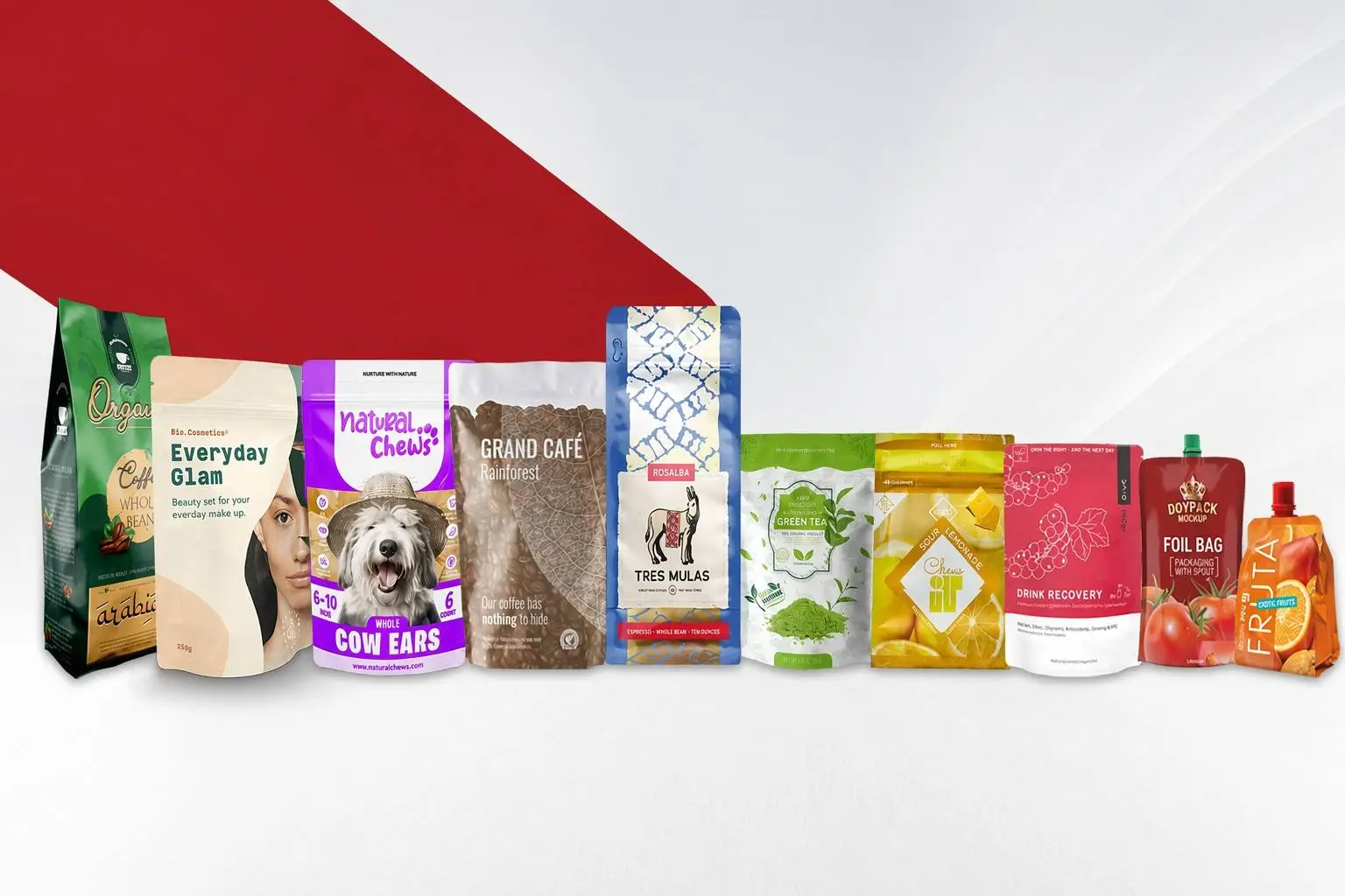 Custom flexible packaging including coffee bags, pet food bags, pouches and roll film