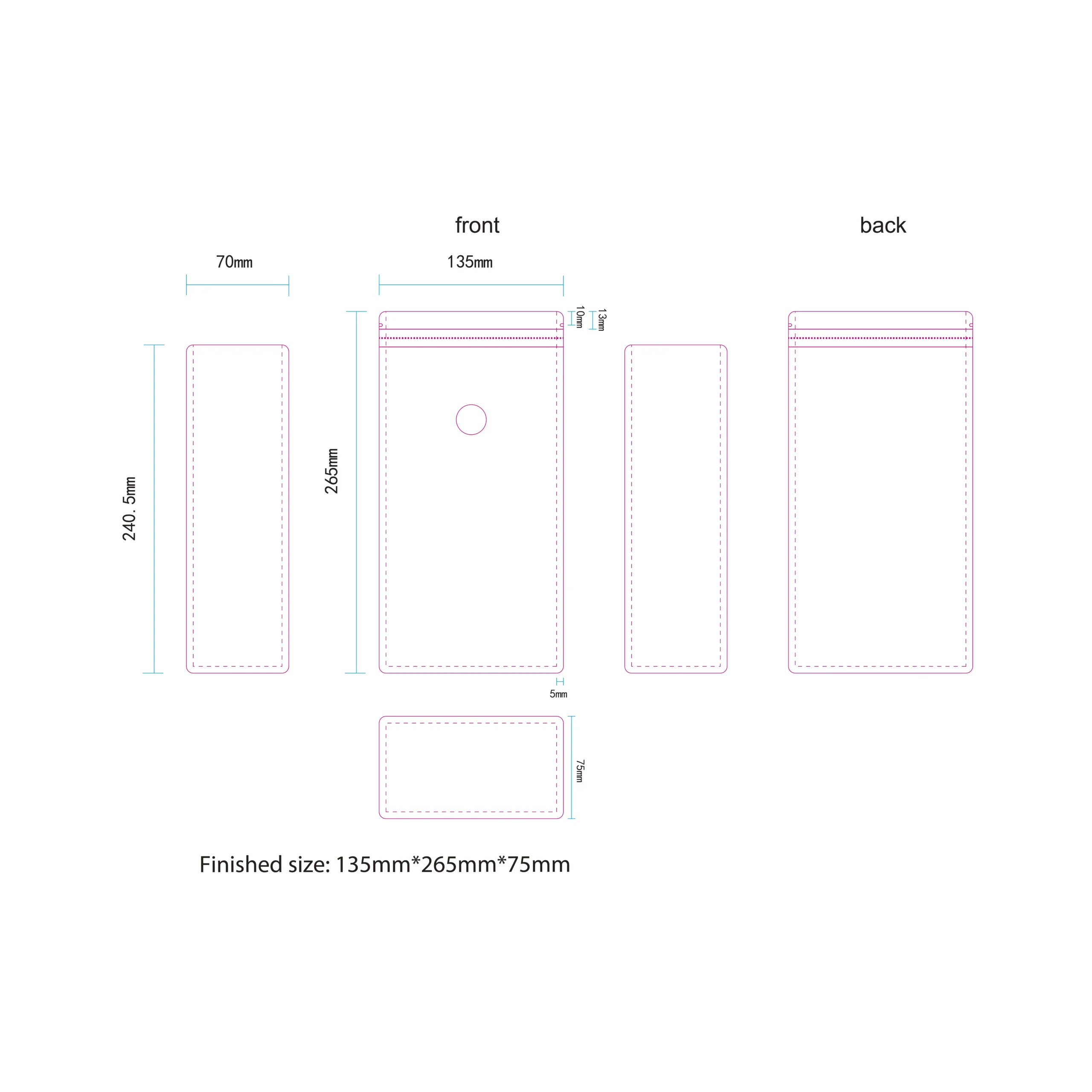 1 lb flat bottom coffee pouch dieline reference, 135 × 265 × 75 mm finished size