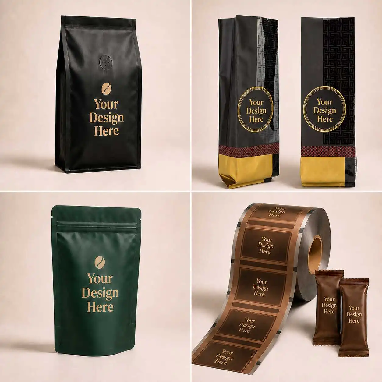 Coffee packaging formats including flat-bottom, side-gusset, stand-up pouches, sachets and roll film