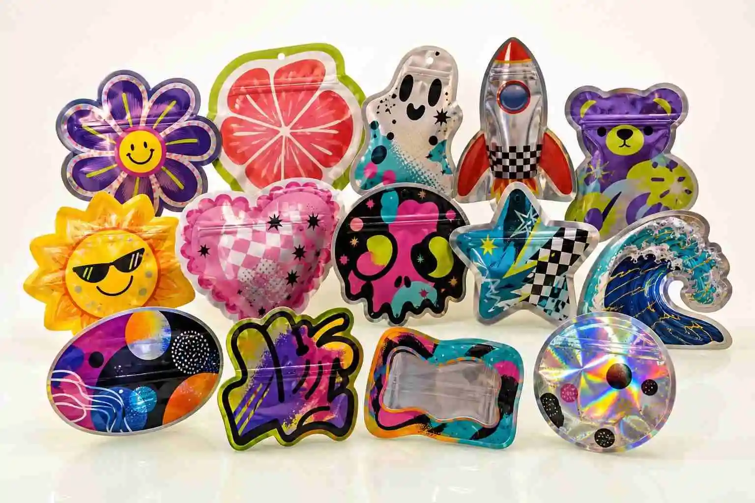 Custom shaped THC packaging pouches with flower, fruit, star, bear, rocket, holographic and shaped-window designs