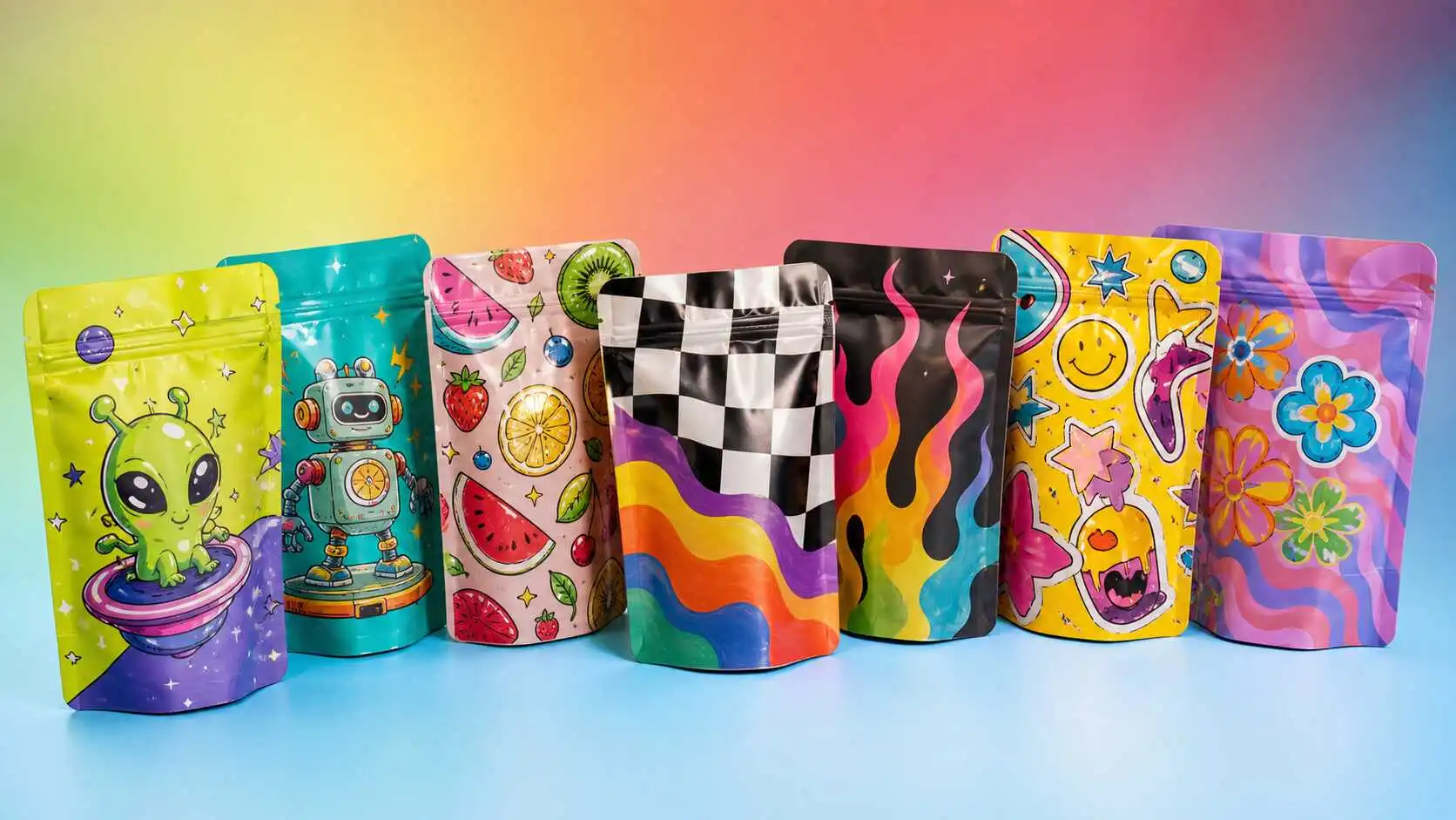 Original colorful custom printed Mylar bags with mascot, fruit, checkerboard and abstract graphic designs