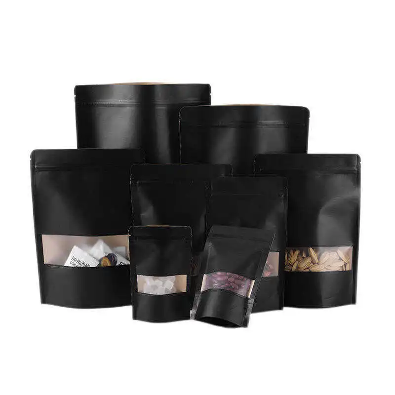 Matte black stand up tea pouches with clear product windows
