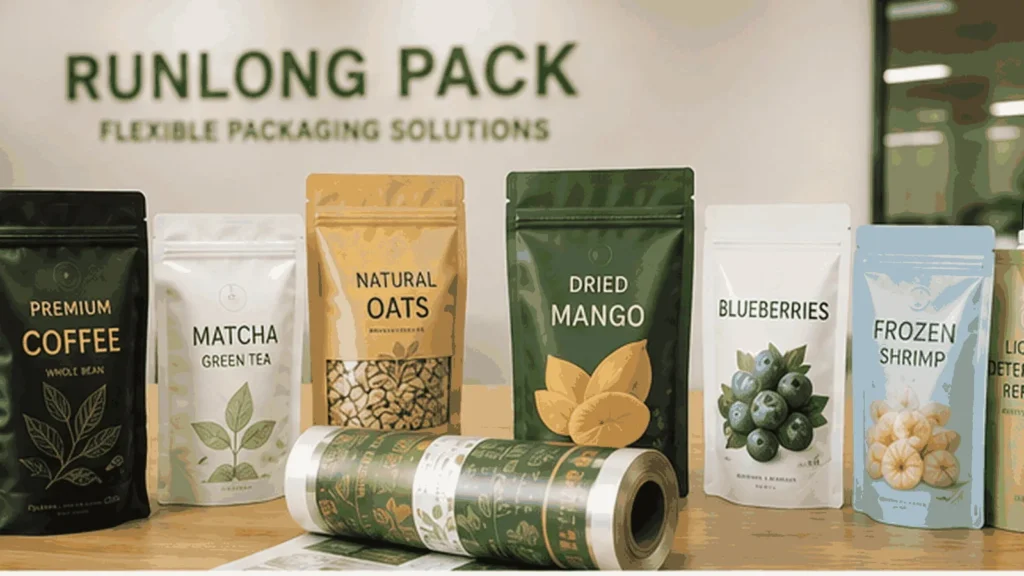 Realistic printed flexible packaging and rollstock illustrating factors buyers consider when choosing a packaging manufacturer in China.