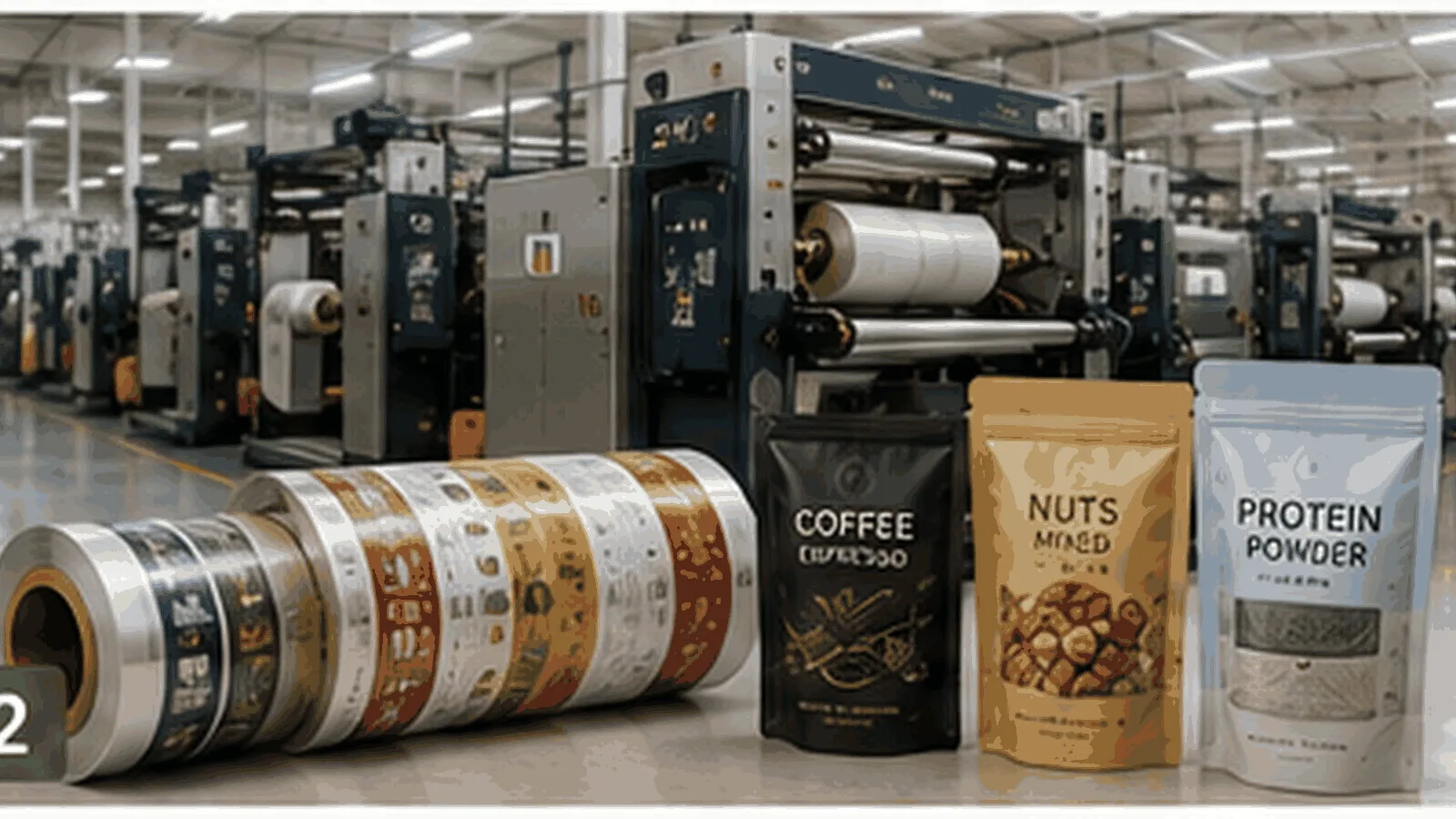 Flexible packaging production equipment, printed rollstock and finished pouches illustrating manufacturing capability buyers should evaluate.