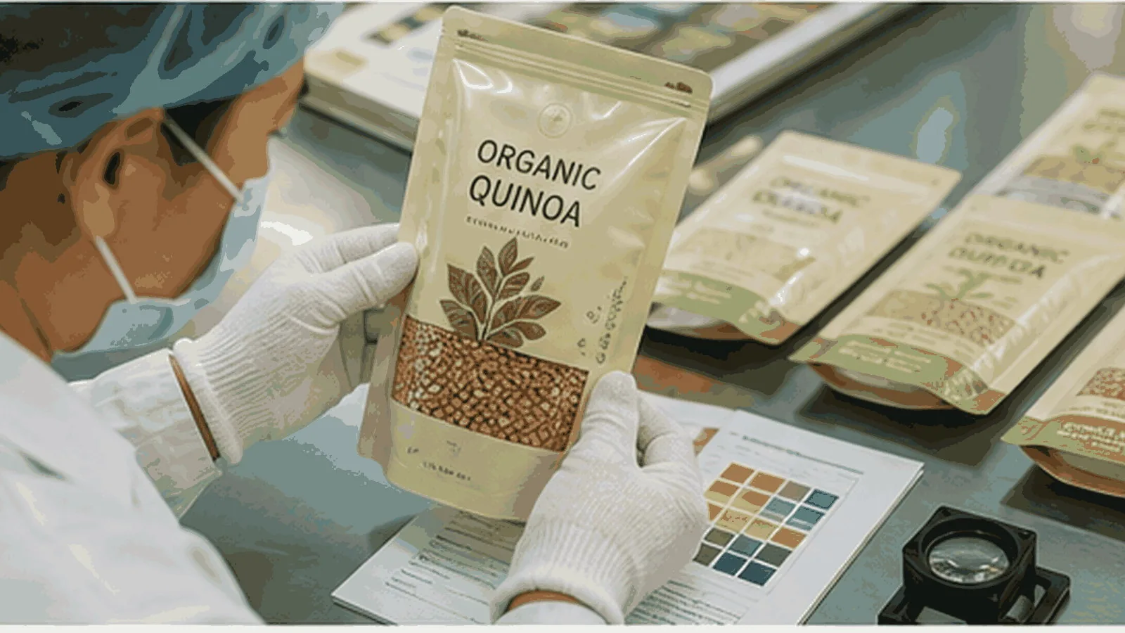 Printed pouch inspection with color references illustrating sample review and quality control before flexible packaging production.