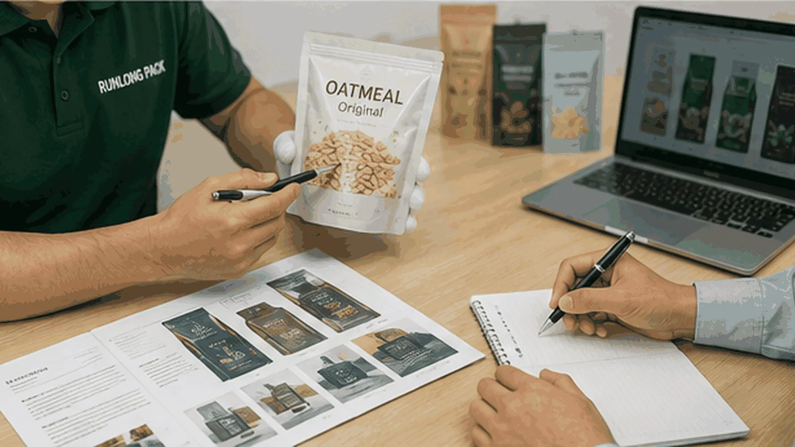 Packaging buyer and supplier reviewing pouch designs and specifications during a custom packaging project evaluation.