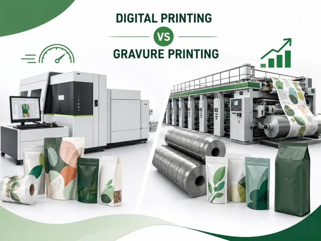Digital printing vs gravure printing for flexible packaging with printing equipment, pouches and rollstock film