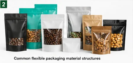 Flexible pouches in clear, metallized, foil and kraft-style formats representing common packaging material structures.
