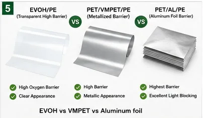 Visual comparison of transparent EVOH/PE, metallized VMPET and aluminum foil barrier concepts for flexible packaging.