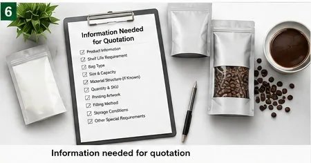 Packaging quotation checklist beside flexible pouches, showing the information buyers should prepare for material selection.