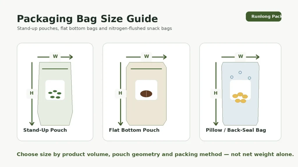 Packaging bag size guide comparing stand-up, flat bottom and pillow bags with width and height measurement arrows.