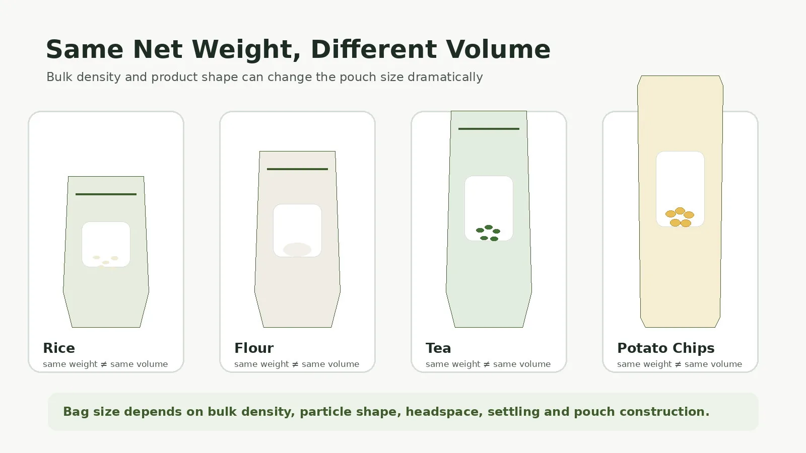 Different pouch volumes for rice, flour, tea and potato chips showing why net weight alone cannot determine bag size.