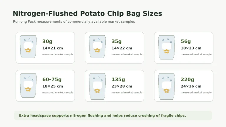 Measured nitrogen-flushed potato chip bag sizes from 30 g to 220 g with corresponding pouch dimensions.