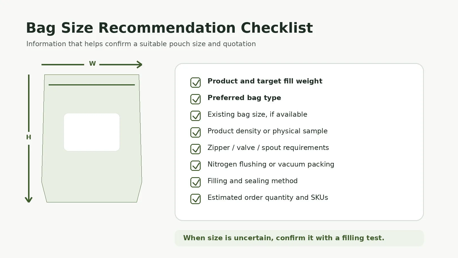 Bag size recommendation checklist covering product, fill weight, bag type, features, packing method and order quantity.