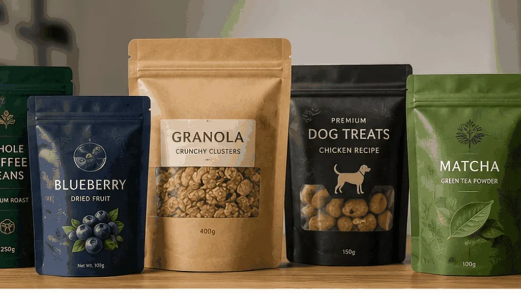 Realistic custom printed pouches and rollstock illustrating the main factors behind flexible packaging cost.