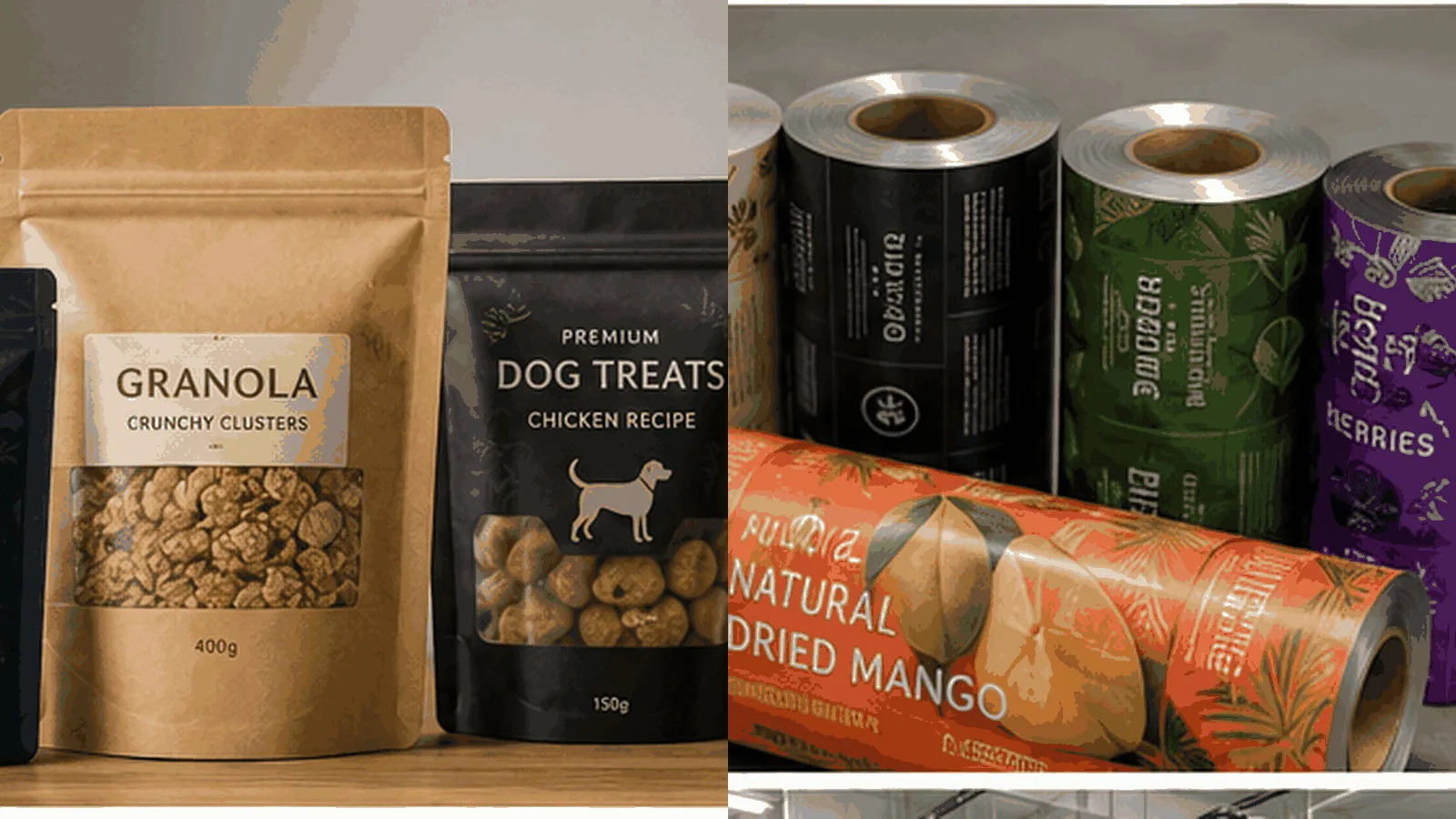 Multiple printed packaging formats and rollstock illustrating SKU, sample and production cost considerations.