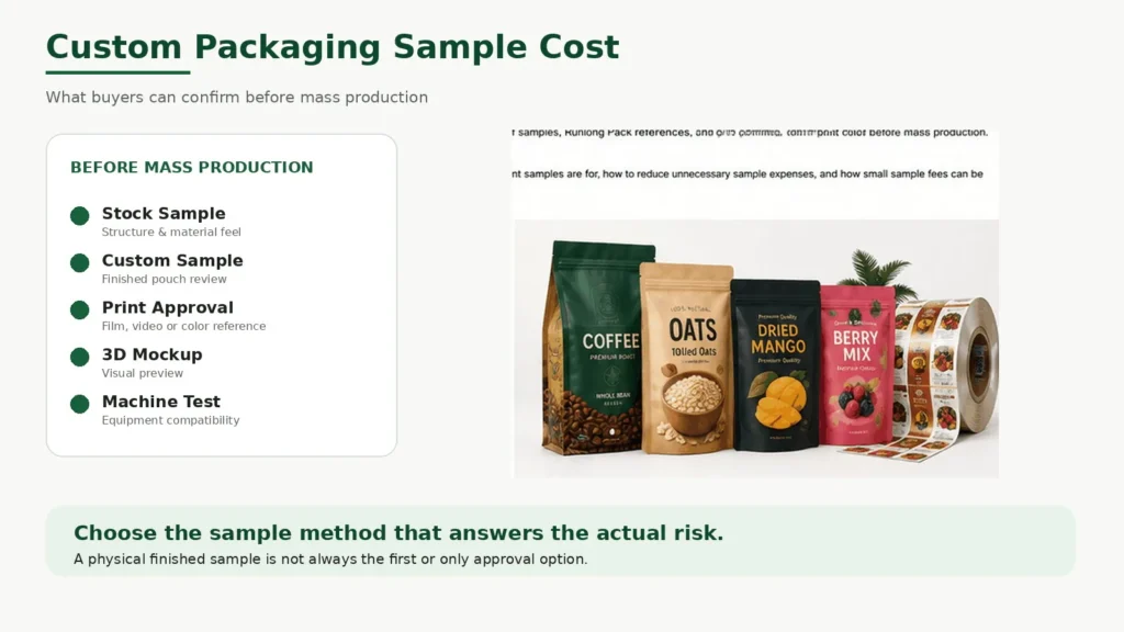 Realistic printed pouches and rollstock illustrating different approval methods behind custom packaging sample cost.