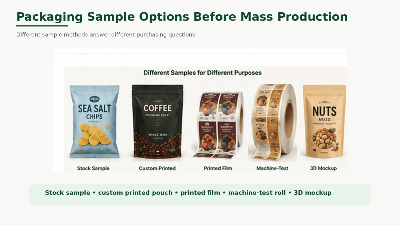 Stock pouch, custom printed sample, printed film, machine-test roll and 3D mockup for packaging approval.