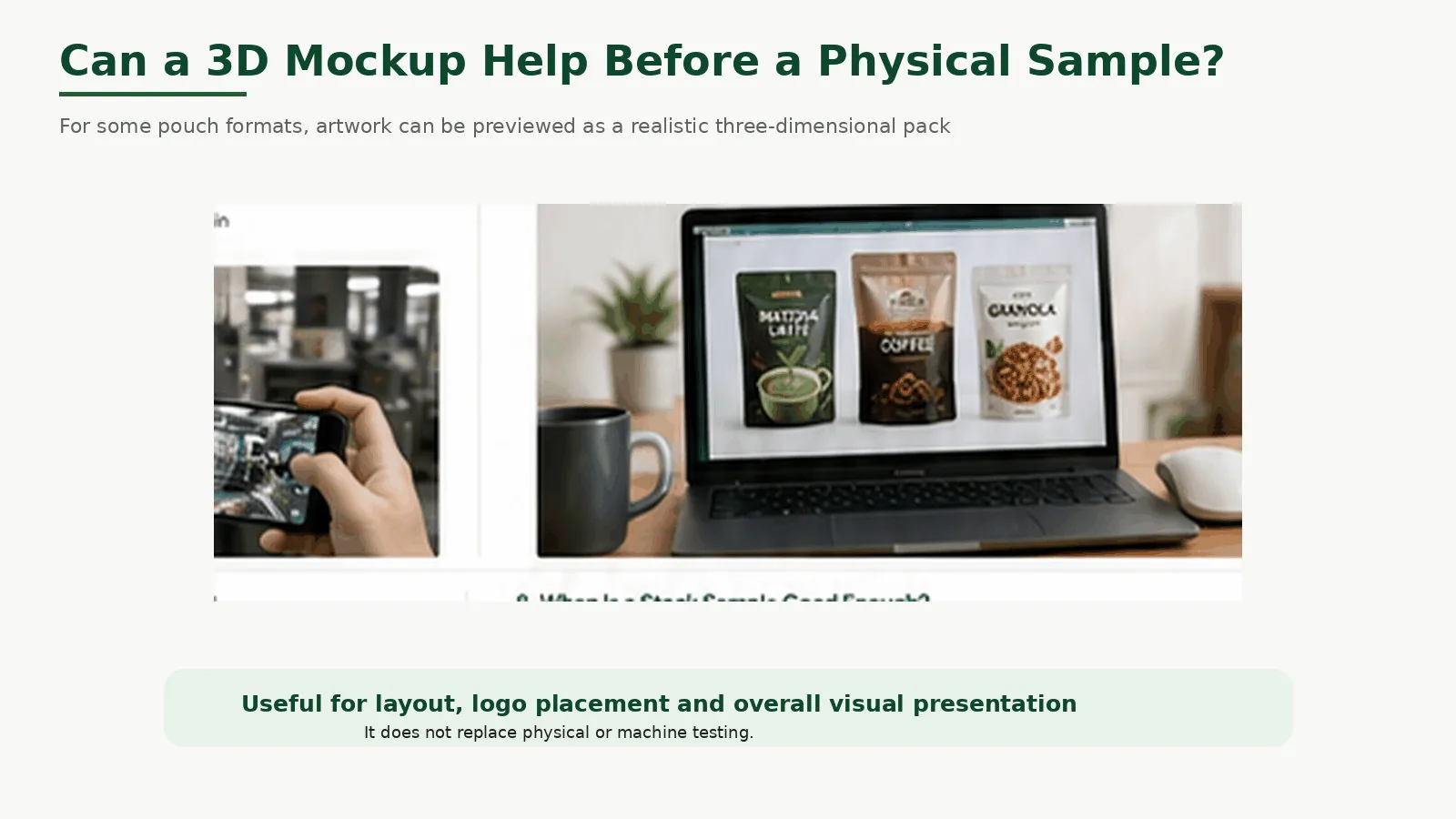 Laptop displaying realistic pouch mockups showing how packaging artwork can be previewed in three dimensions.