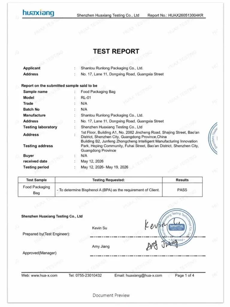 BPA food packaging test report HUAX260513004KR