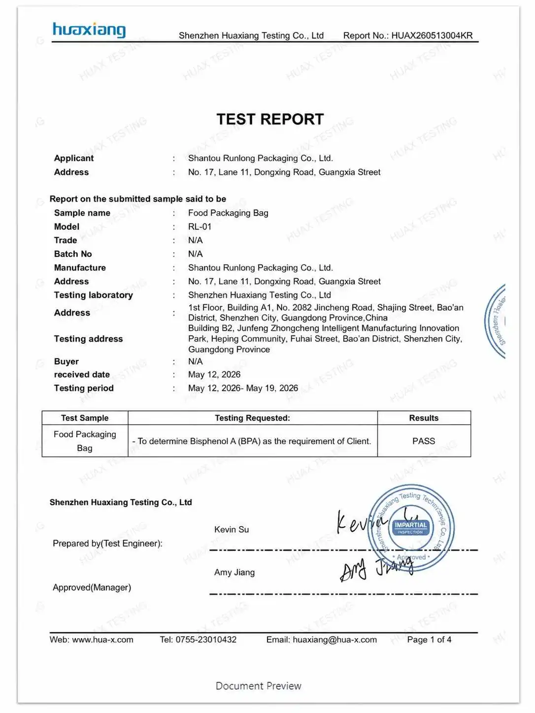 BPA food packaging test report HUAX260513004KR
