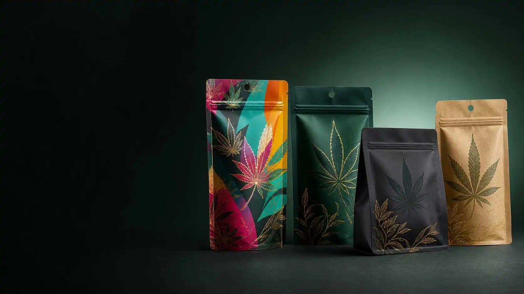 Custom cannabis Mylar bags in colorful, matte and kraft finishes for licensed brands