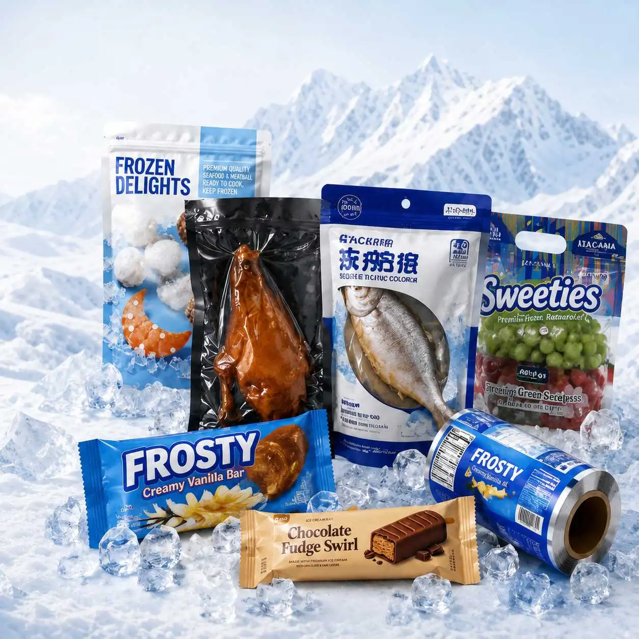 Custom frozen packaging bags for seafood, frozen foods, ice cream and rollstock film by Runlong Pack