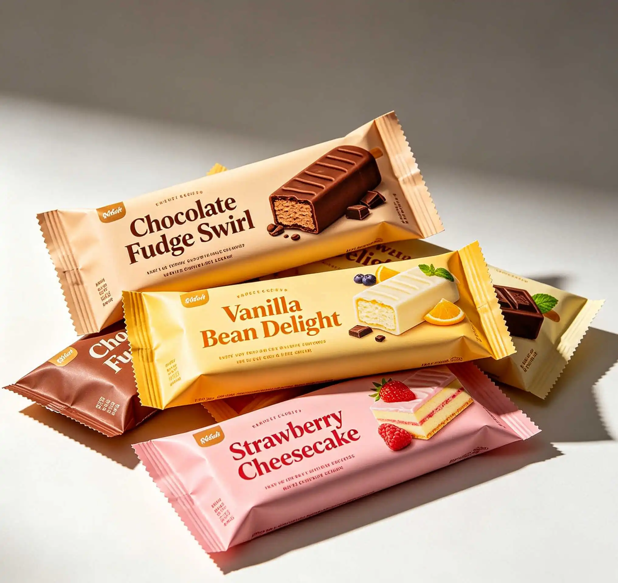 Custom printed packaging bags for chocolate vanilla and strawberry ice cream bars