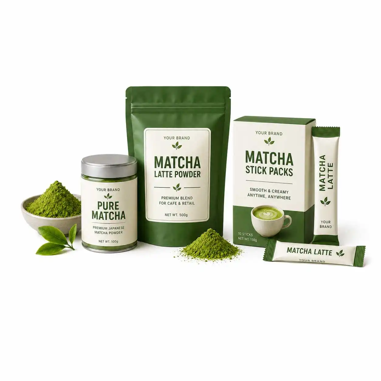 Custom matcha packaging set with pouch box jar and single serve stick packs