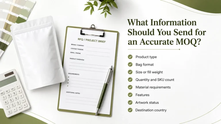Custom flexible packaging RFQ checklist including product, bag size, quantity, SKUs, materials, features and destination country