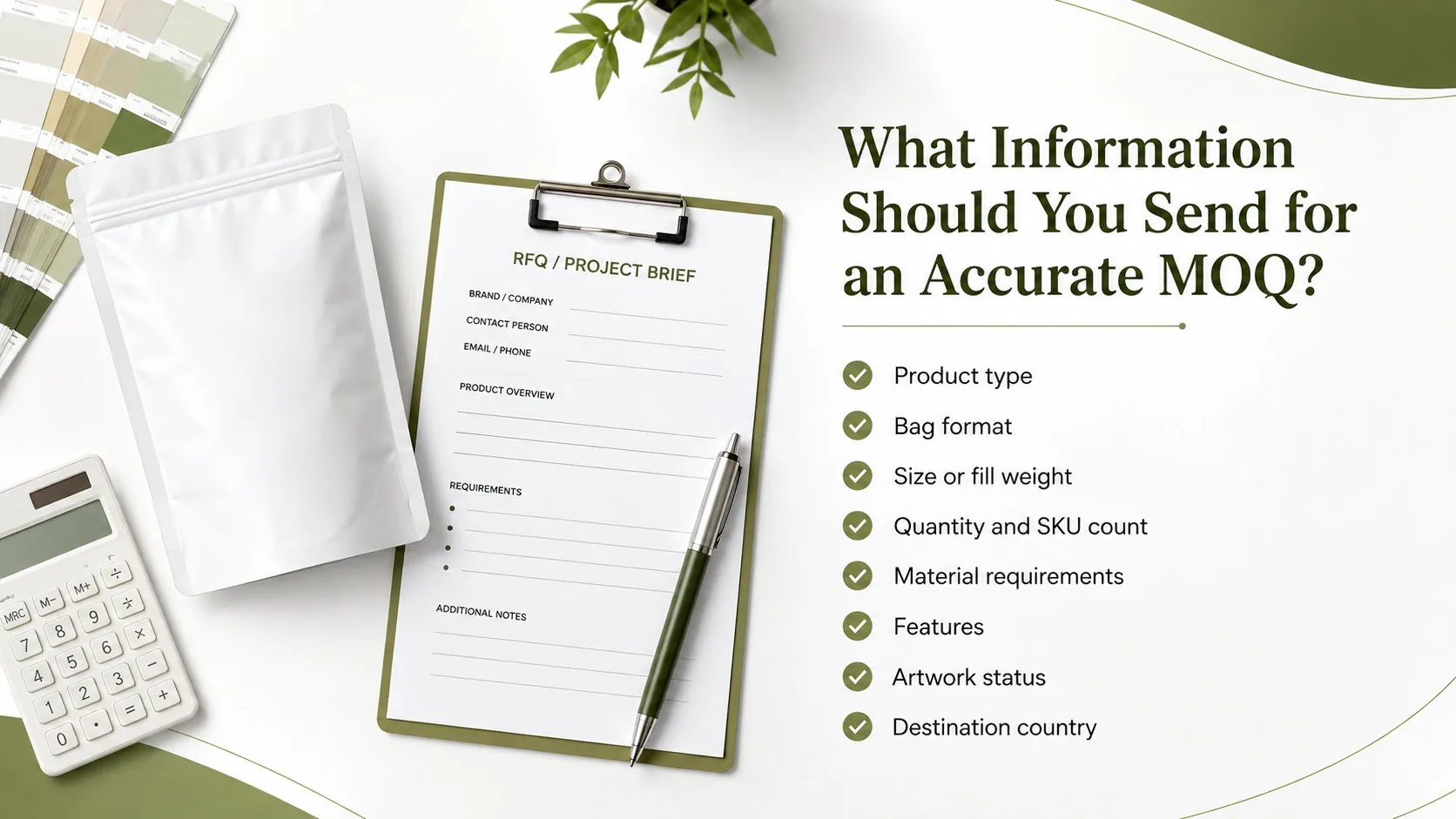 Custom flexible packaging RFQ checklist including product, bag size, quantity, SKUs, materials, features and destination country