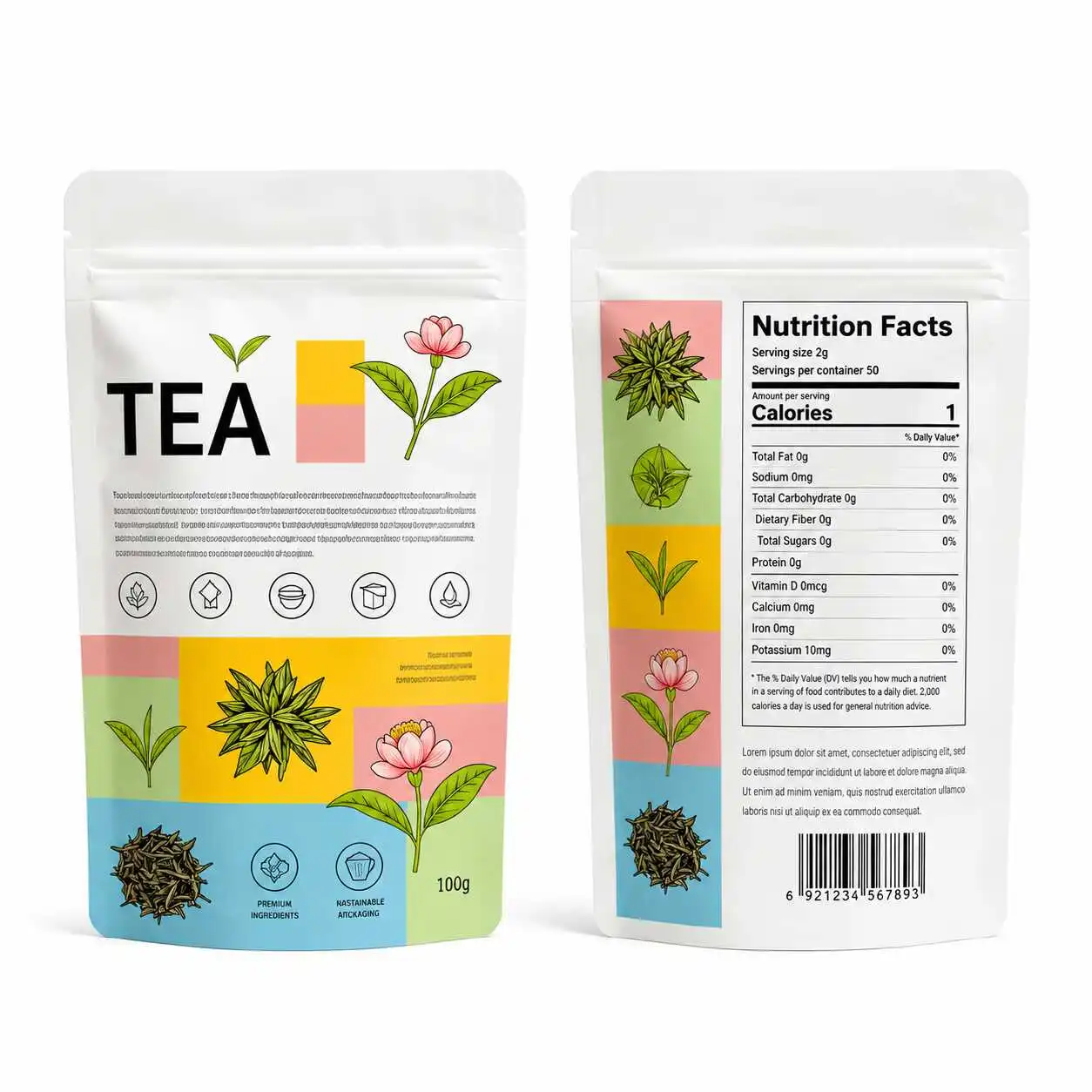 Custom printed tea pouch showing front and back packaging design