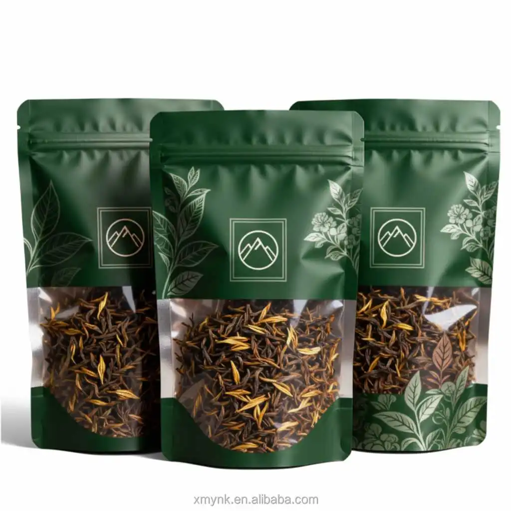 Custom printed stand up tea pouches with clear windows