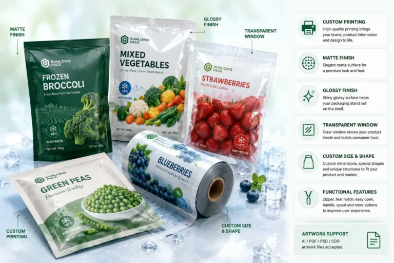 Custom printing and finishing options for frozen food packaging bags and rollstock film