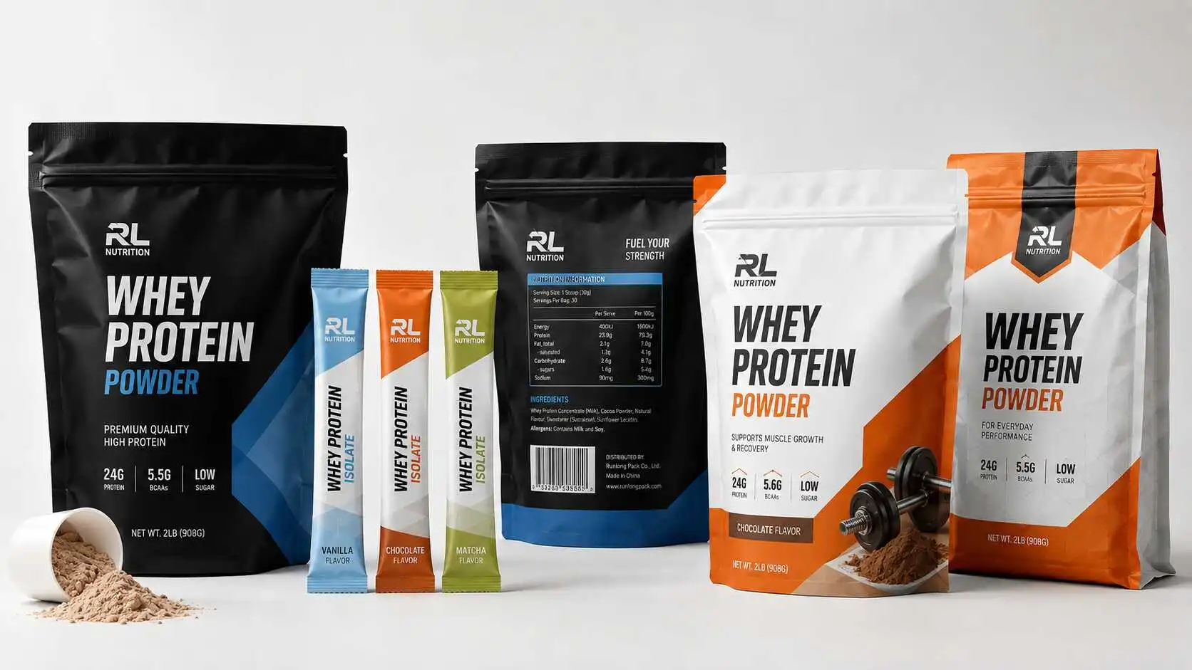 Custom protein powder packaging bags, stand up pouches and sachets for whey protein and nutrition powders