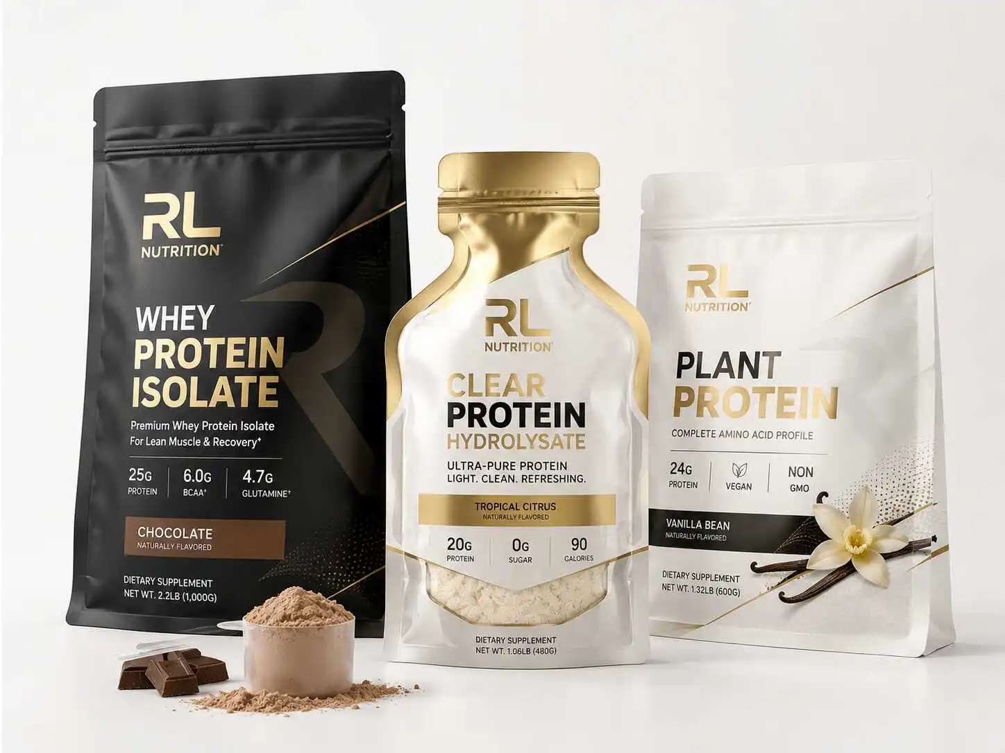 Custom protein powder packaging pouches including shaped pouch, flat bottom pouch and stand up pouch by Runlong Pack