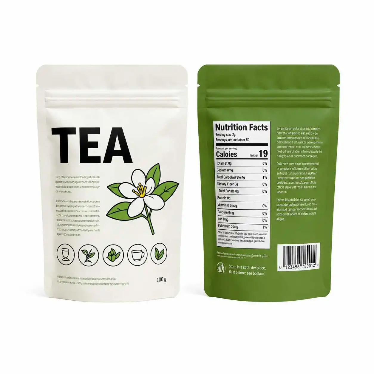 Custom tea pouch showing front and back packaging design