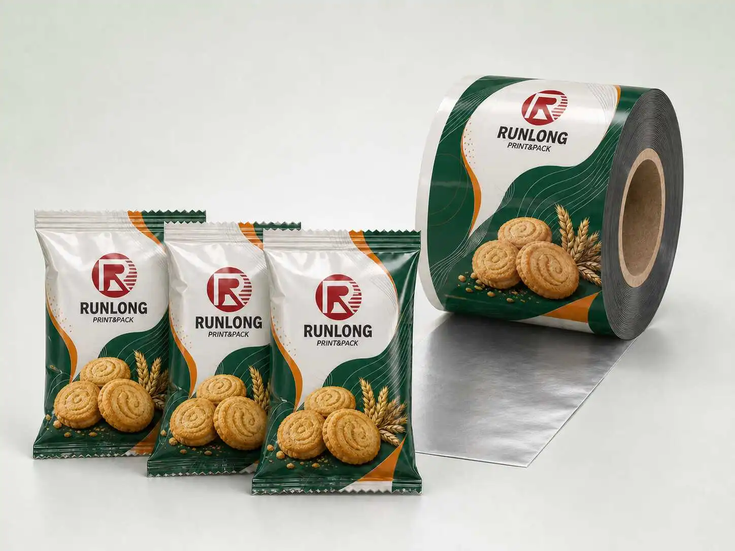 Custom printed biscuit packaging roll film with aluminum foil inner layer and matching finished pillow bags