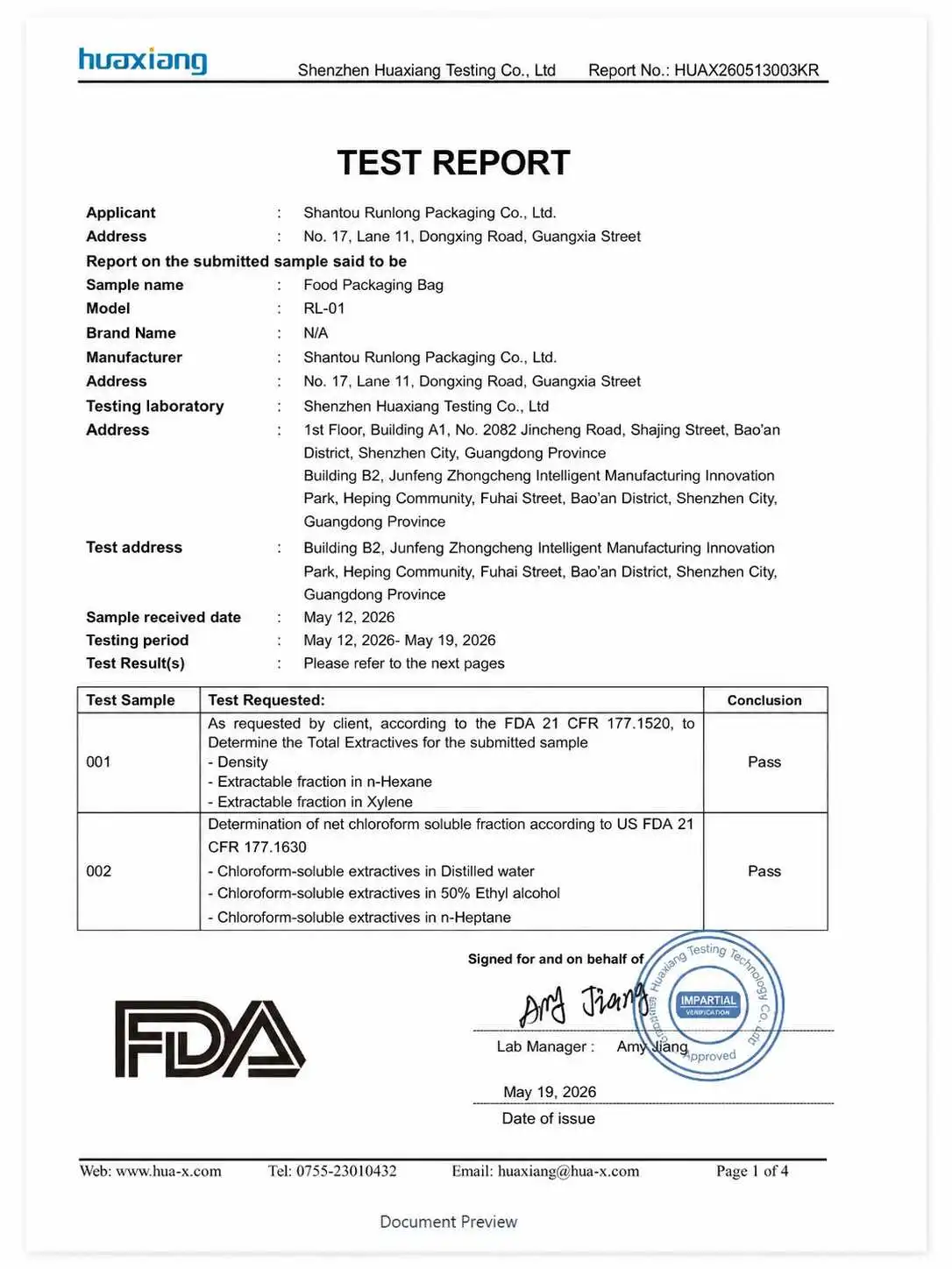 FDA 21 CFR food packaging test report HUAX260513003KR