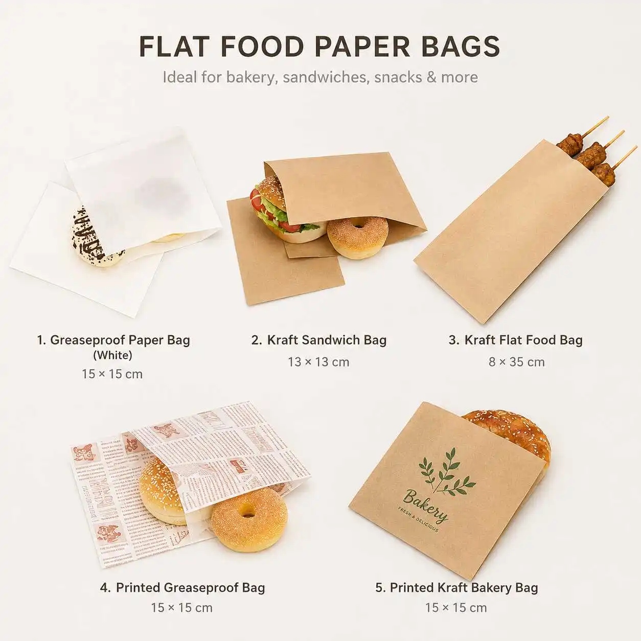 Custom food paper bags for bakery sandwich and takeaway packaging