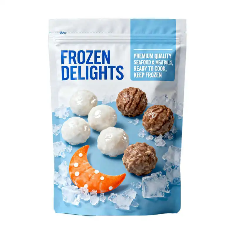 Custom stand up pouch for frozen seafood meatballs and prepared foods