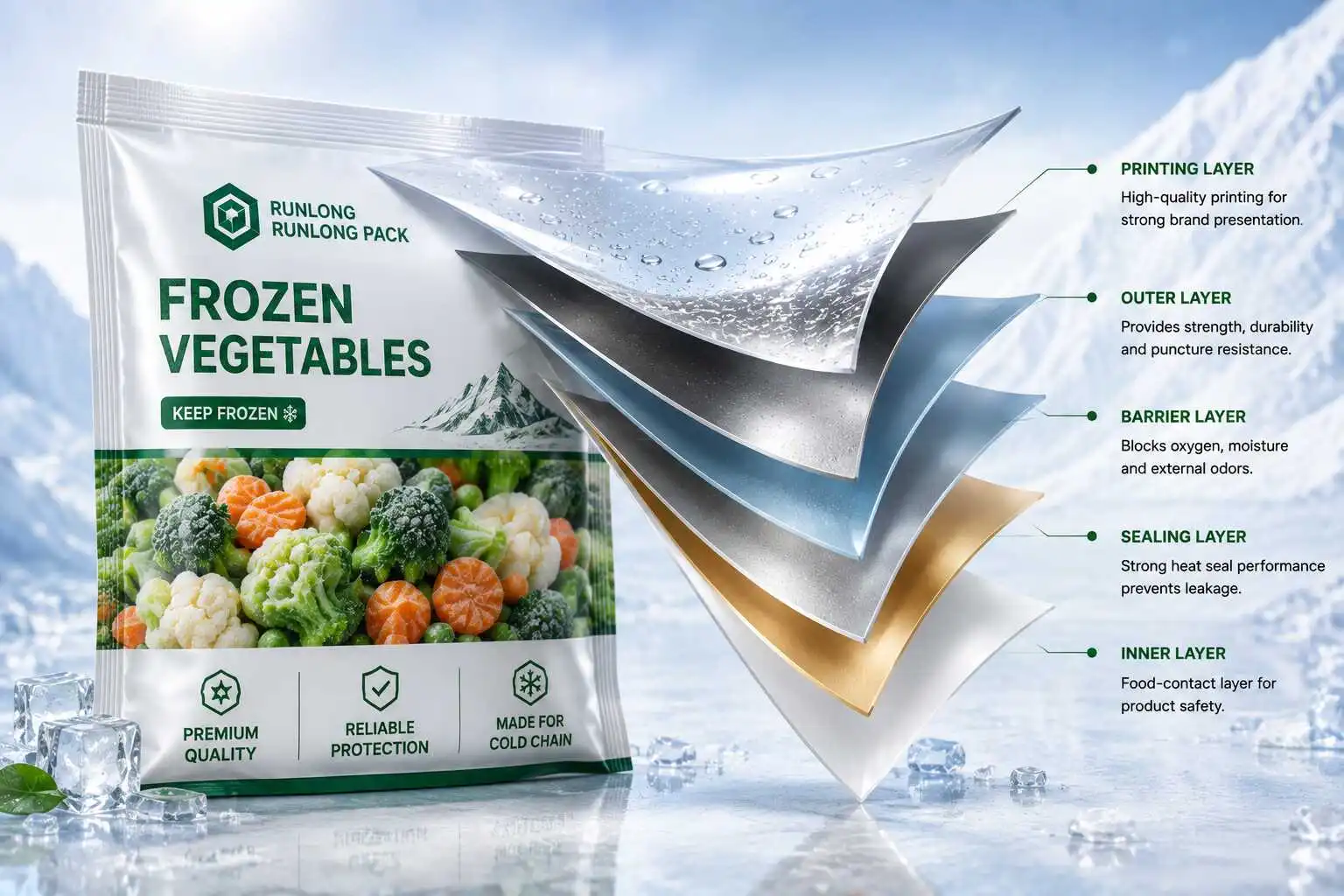 Frozen packaging material barrier structure showing multilayer film for frozen vegetables