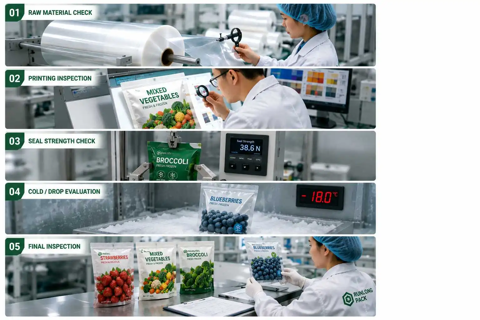 Frozen packaging quality control and testing process including material inspection printing checks seal testing cold evaluation and final inspection