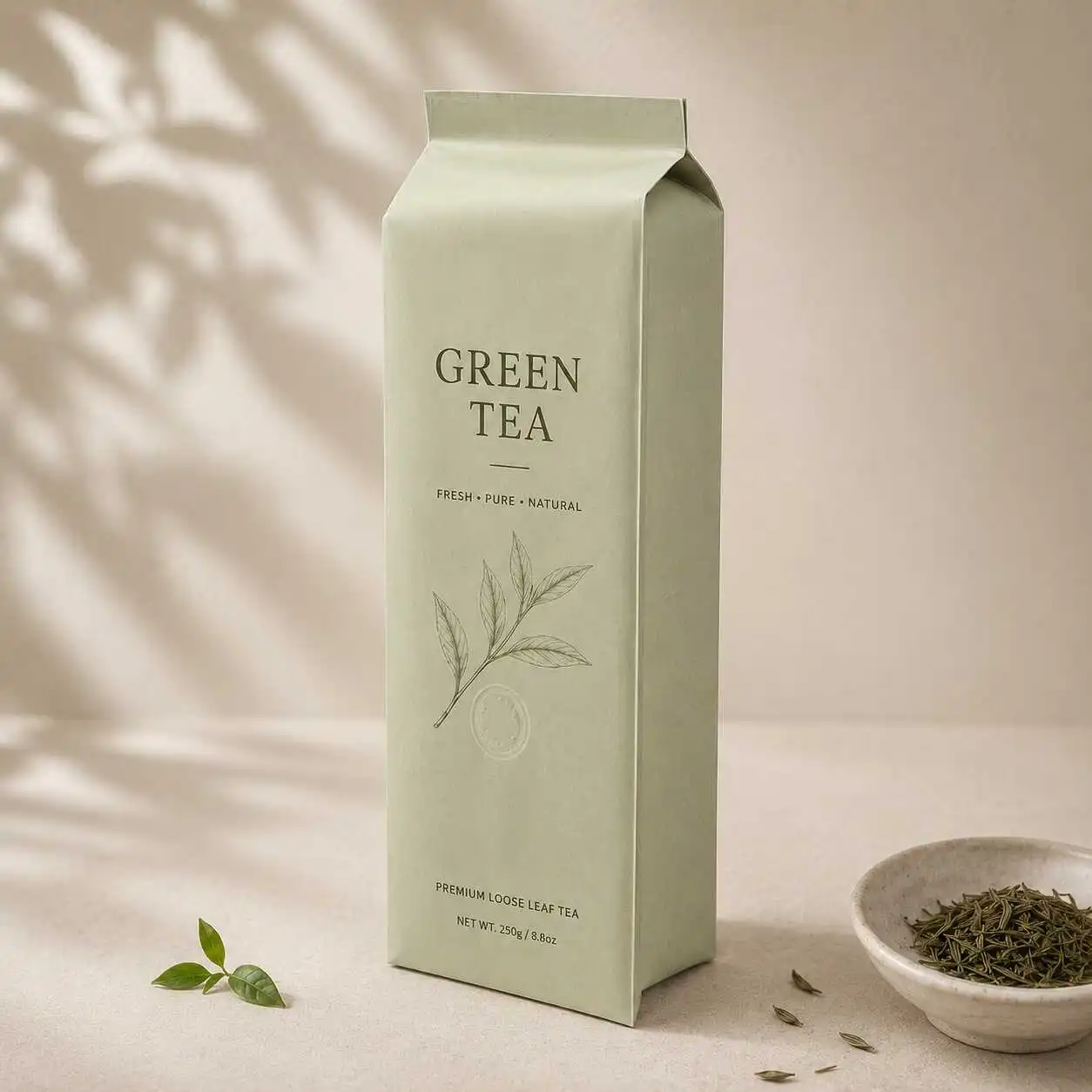 Side gusset bag for premium loose leaf green tea packaging