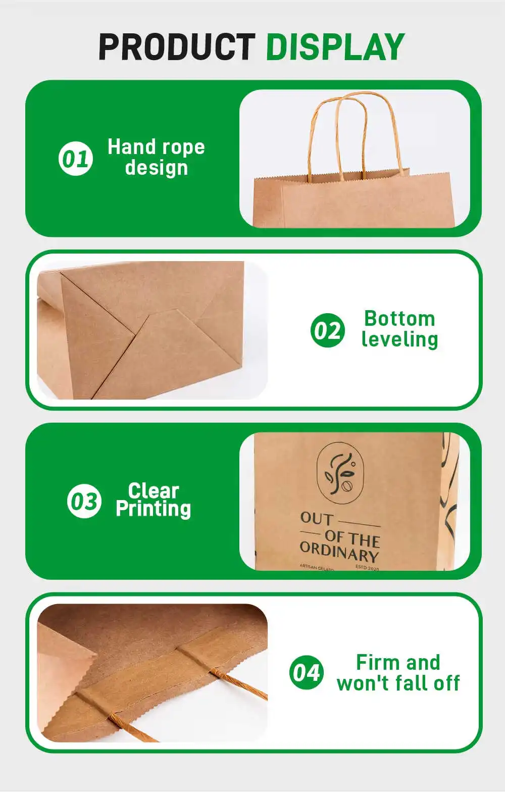 Quality inspection of custom kraft paper bags with printing details and handle finishing