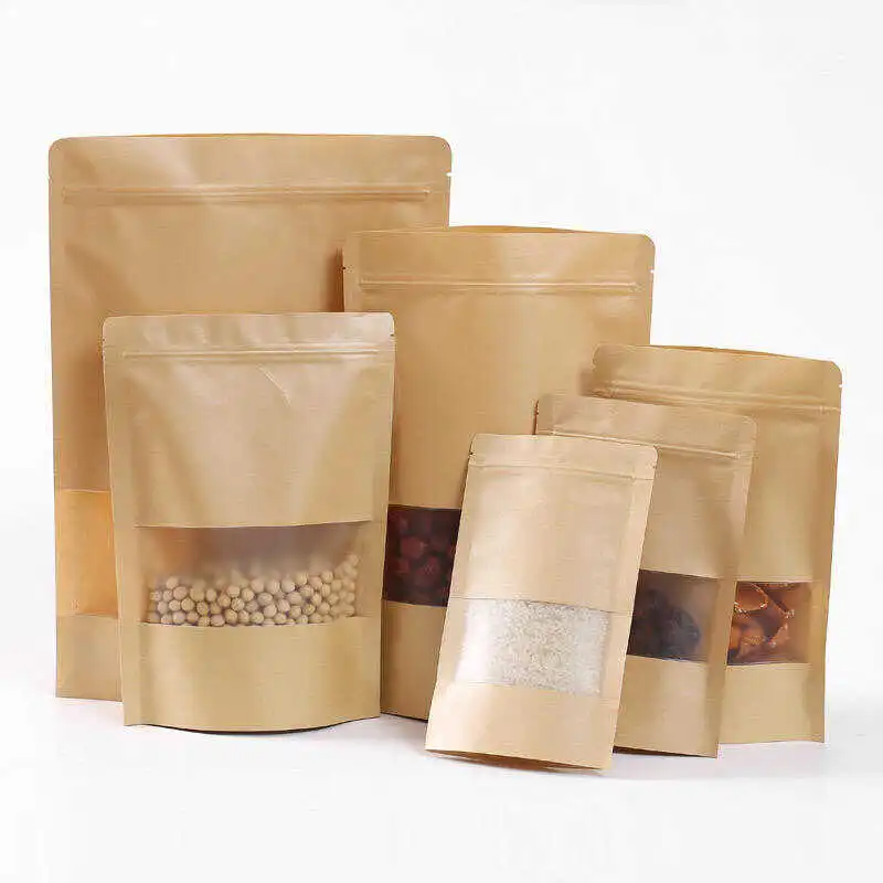 Kraft stand up tea pouches with clear windows in multiple sizes