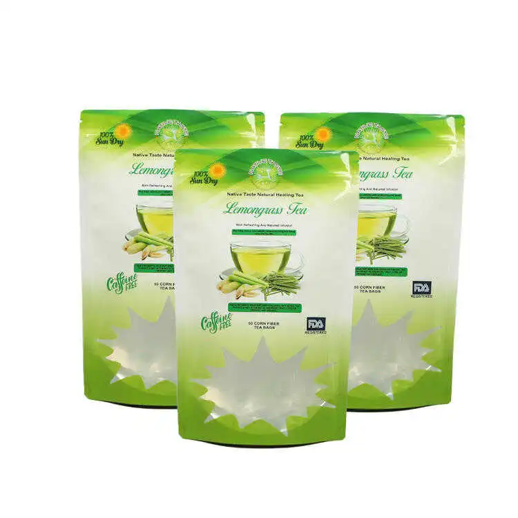 Printed lemongrass tea stand up pouches with clear windows
