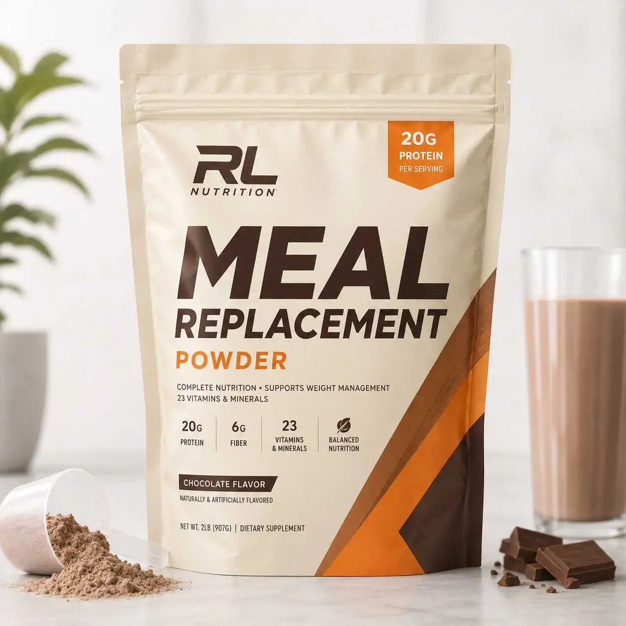 Custom meal replacement powder packaging pouch with resealable zipper for nutrition powders