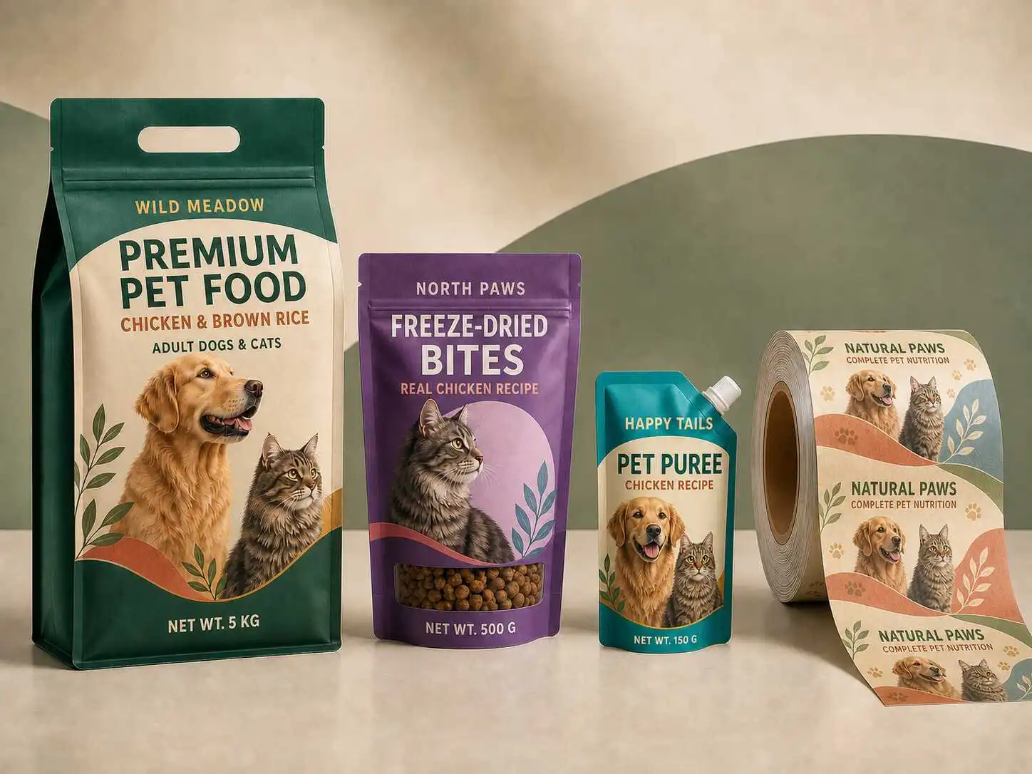 Pet food packaging formats including eight-side-seal flat bottom bag, stand up pouch, spout pouch and printed rollstock film